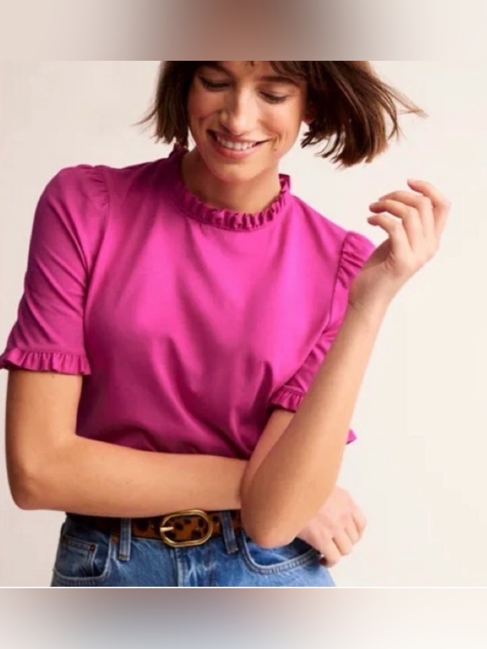 New Boden Supersoft Frill Detail T-Shirt Berry Pink Ruffle Top Size US 4